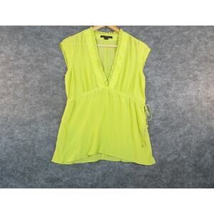 Kenneth Cole New York Silk Sleeveless Blouse M Chartreuse V-Neck Adjustable Tie